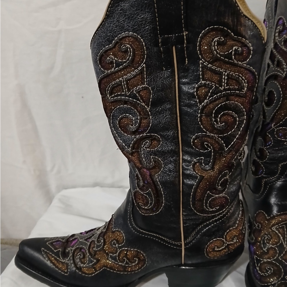 Chic Black Iridescent Purple and Brown Embroidered Heeled Boots